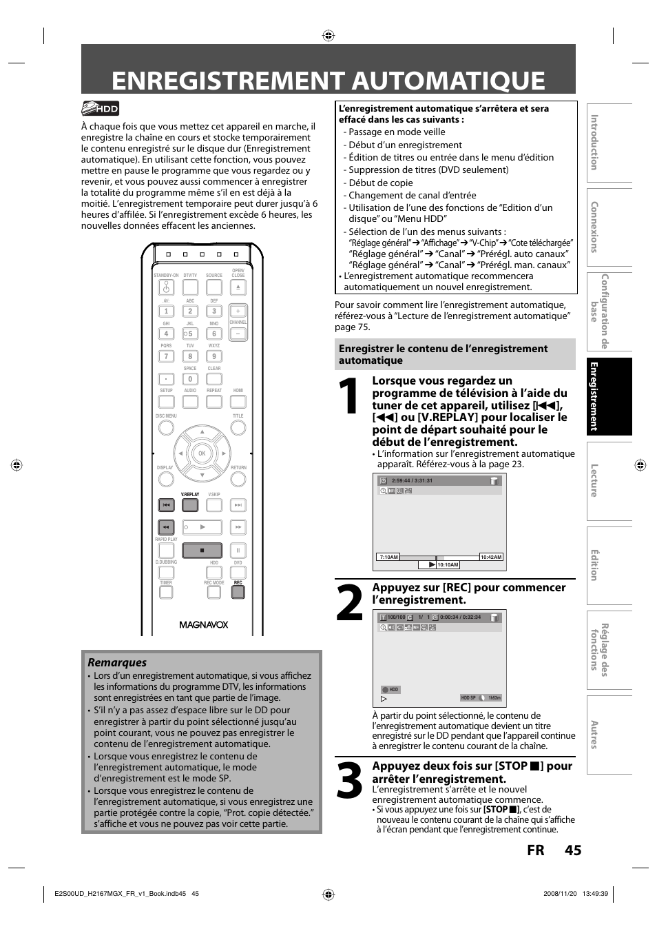Enregistrement automatique, Appuyez sur [rec] pour commencer l’enregistrement, Remarques | Philips Magnavox H2160MW9 A User Manual | Page 177 / 256
