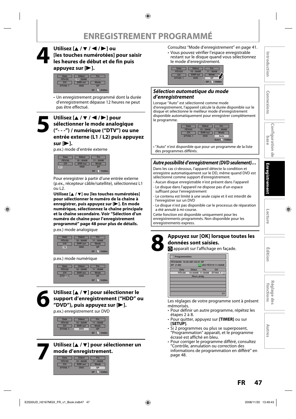 Enregistrement programmé, Sélection automatique du mode d’enregistrement, Autre possibilité d’enregistrement (dvd seulement) | Philips Magnavox H2160MW9 A User Manual | Page 179 / 256