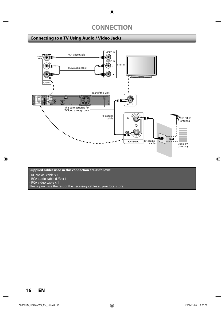 Connection, 16 en 16 en, Connecting to a tv using audio / video jacks | Philips Magnavox H2160MW9 A User Manual | Page 18 / 256