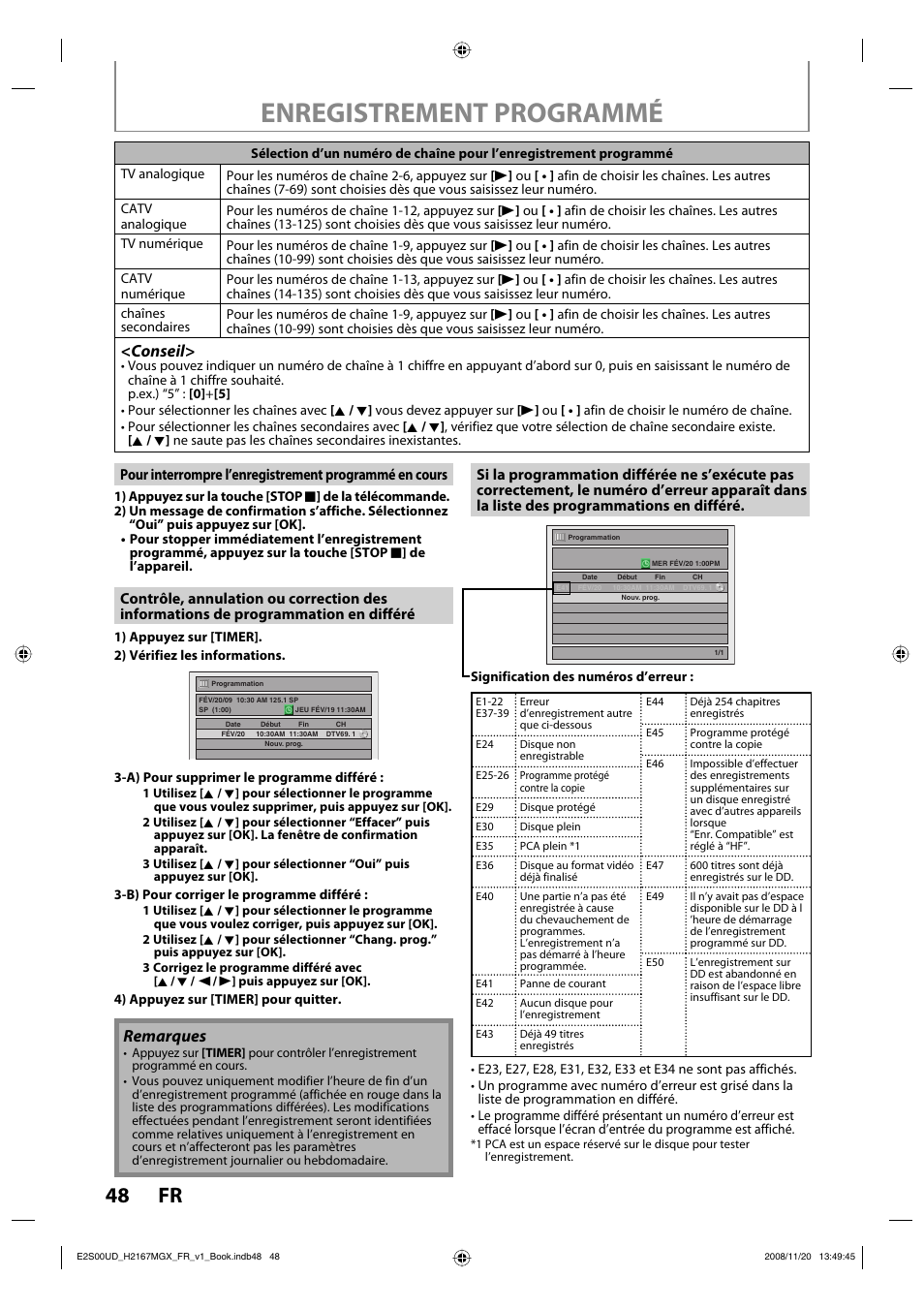 Enregistrement programmé, 48 fr, Conseil | Remarques | Philips Magnavox H2160MW9 A User Manual | Page 180 / 256