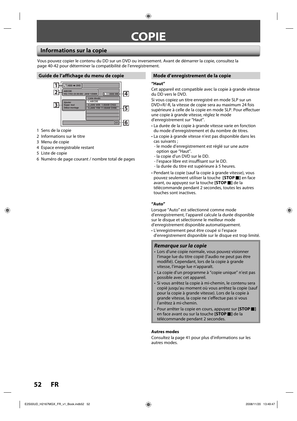 Copie, 52 fr, Informations sur la copie | Philips Magnavox H2160MW9 A User Manual | Page 184 / 256