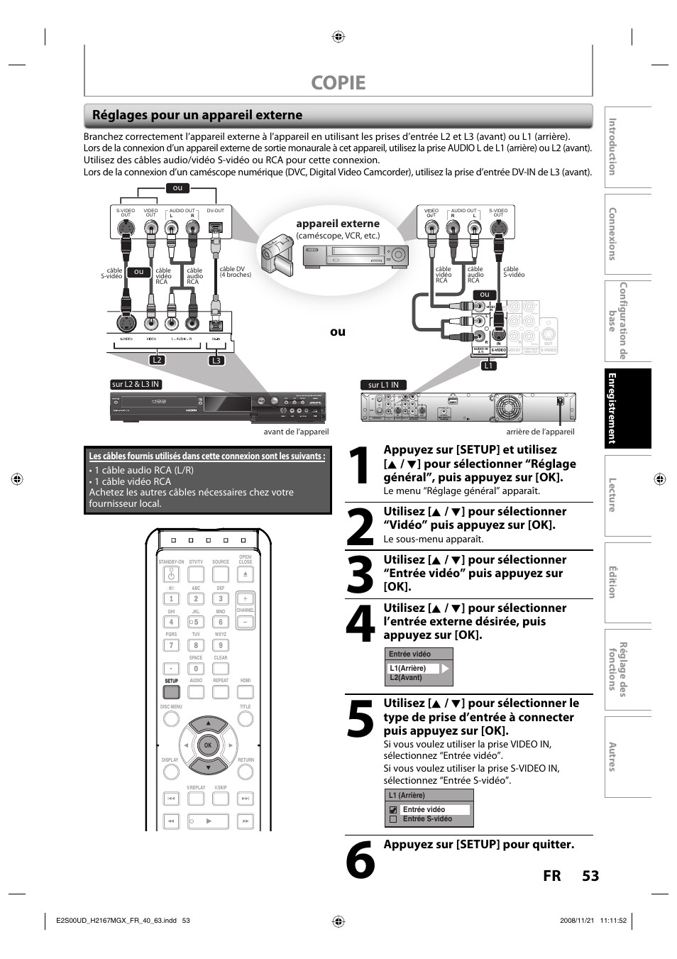 Copie, Réglages pour un appareil externe, Appuyez sur [setup] pour quitter | Appareil externe | Philips Magnavox H2160MW9 A User Manual | Page 185 / 256