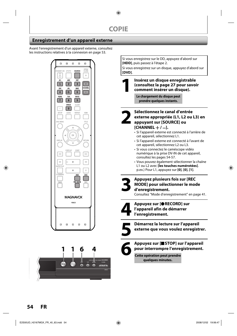 Copie, 54 fr, Enregistrement d’un appareil externe | Philips Magnavox H2160MW9 A User Manual | Page 186 / 256