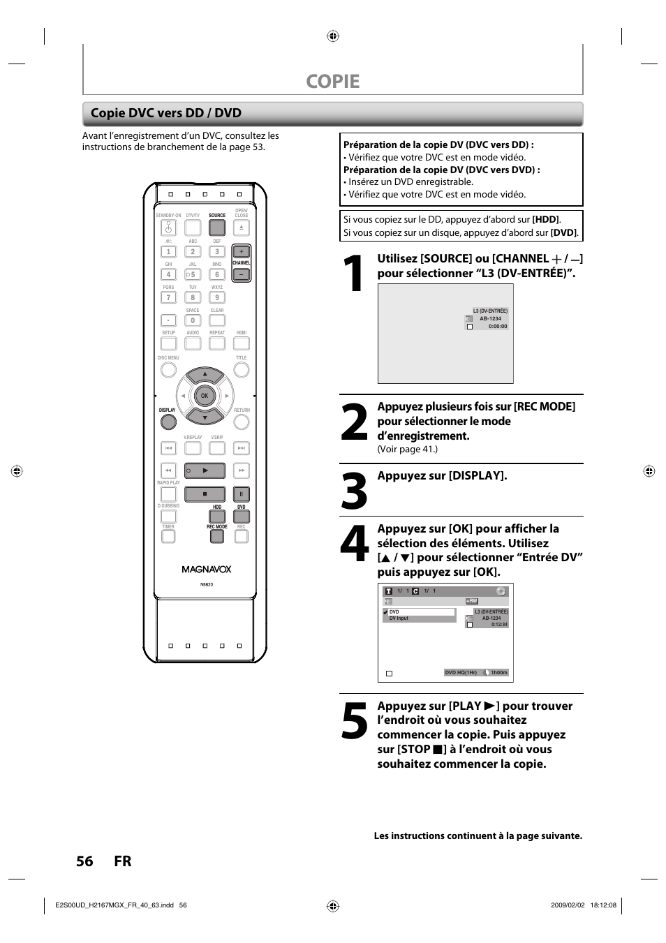 Copie, 56 fr, Copie dvc vers dd / dvd | Philips Magnavox H2160MW9 A User Manual | Page 188 / 256