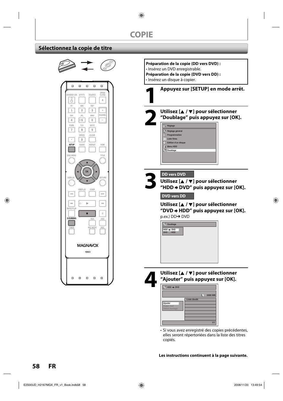 Copie, 58 fr, Sélectionnez la copie de titre | Appuyez sur [setup] en mode arrêt | Philips Magnavox H2160MW9 A User Manual | Page 190 / 256