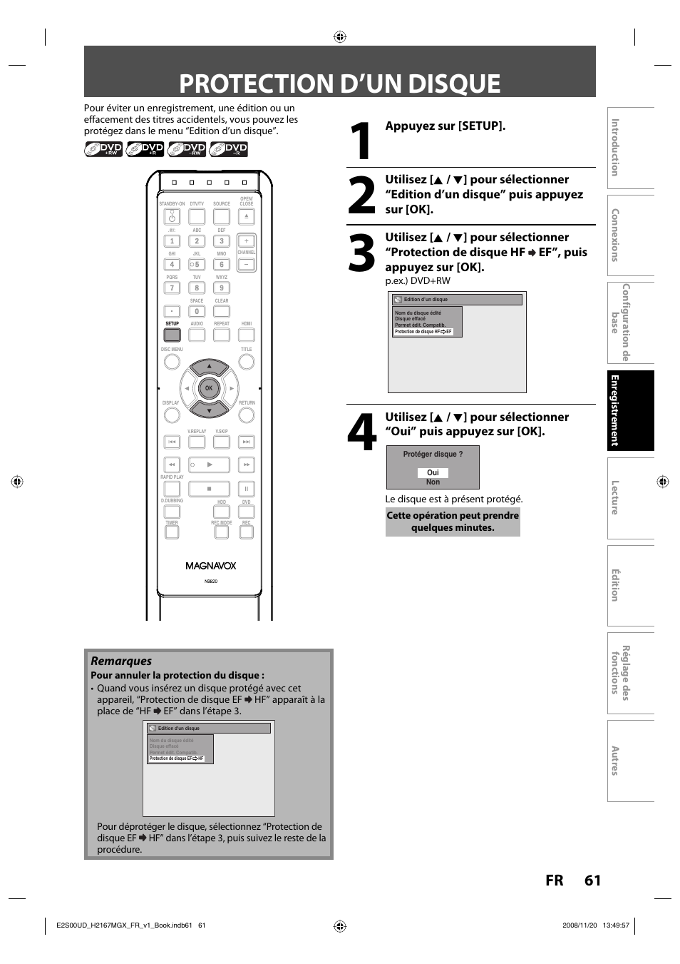 Protection d’un disque | Philips Magnavox H2160MW9 A User Manual | Page 193 / 256