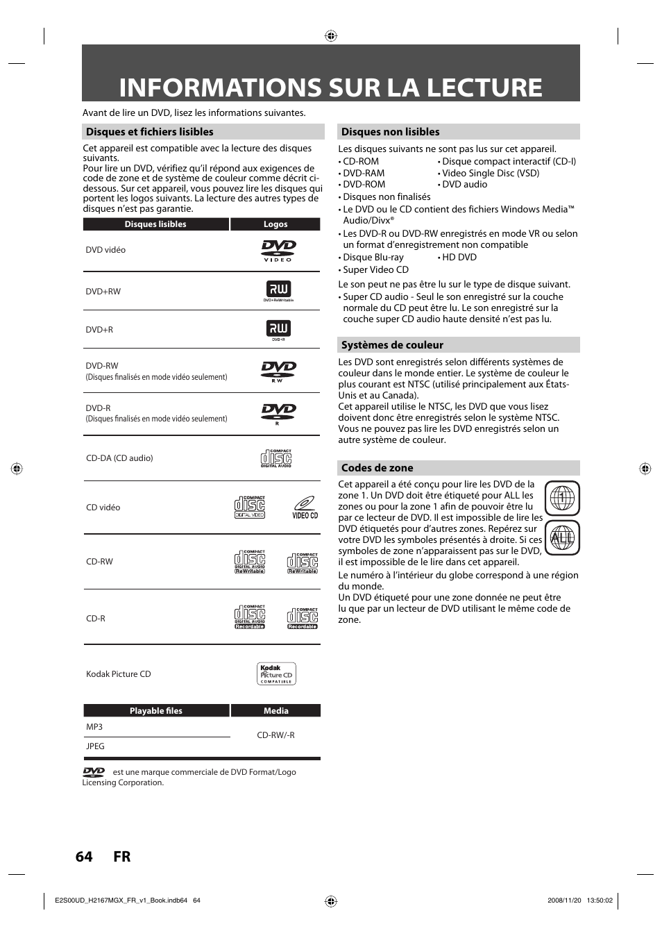 Informations sur la lecture, 64 fr | Philips Magnavox H2160MW9 A User Manual | Page 196 / 256