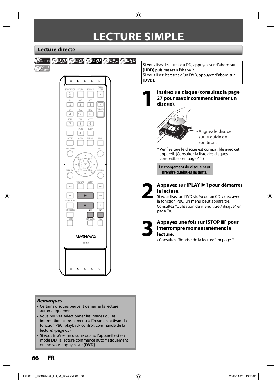 Lecture simple, 66 fr, Lecture directe | Philips Magnavox H2160MW9 A User Manual | Page 198 / 256