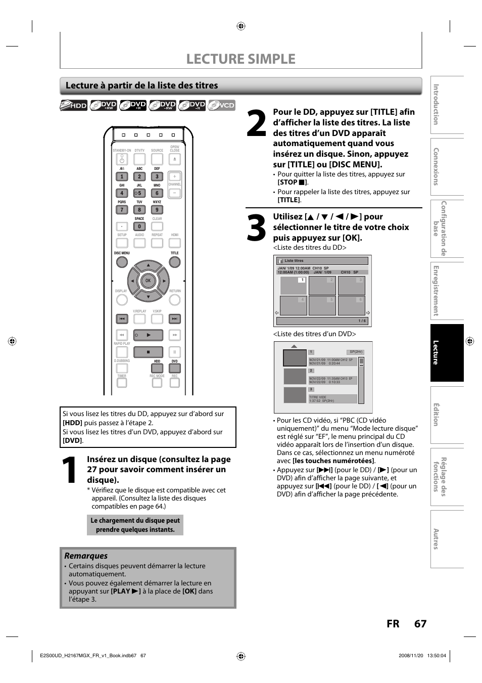 Lecture simple, 67 fr, Lecture à partir de la liste des titres | Remarques | Philips Magnavox H2160MW9 A User Manual | Page 199 / 256