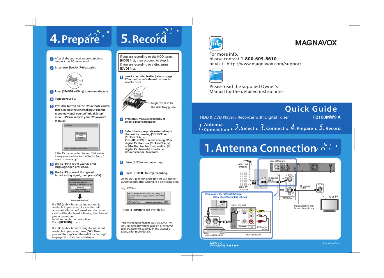 Quick guide, Select, Antenna connection | Connect, Prepare, Record, For more info, please contact, Hdd & dvd player / recorder with digital tuner | Philips Magnavox H2160MW9 A User Manual | Page 2 / 256