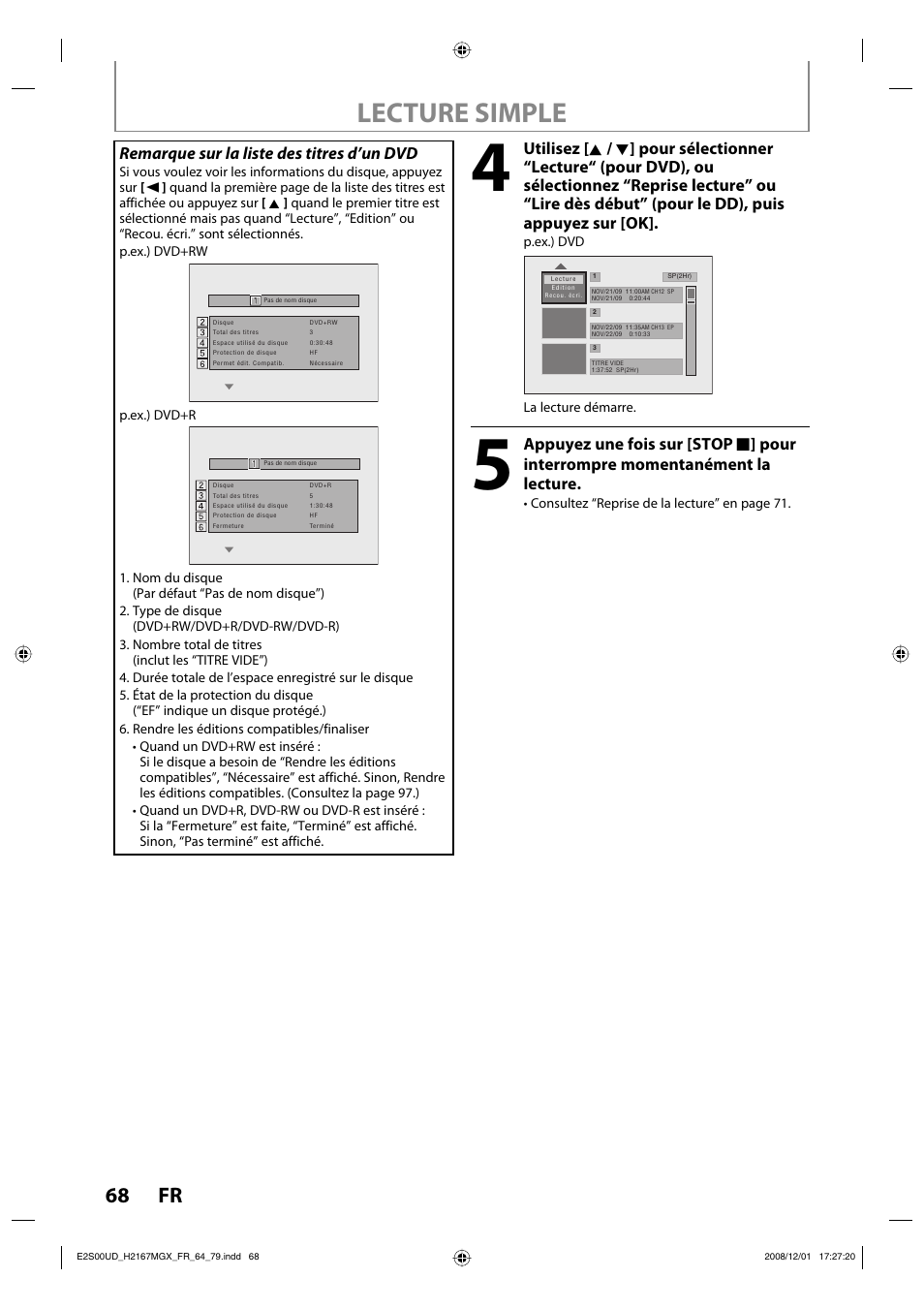 Lecture simple, 68 fr, Remarque sur la liste des titres d’un dvd | Philips Magnavox H2160MW9 A User Manual | Page 200 / 256