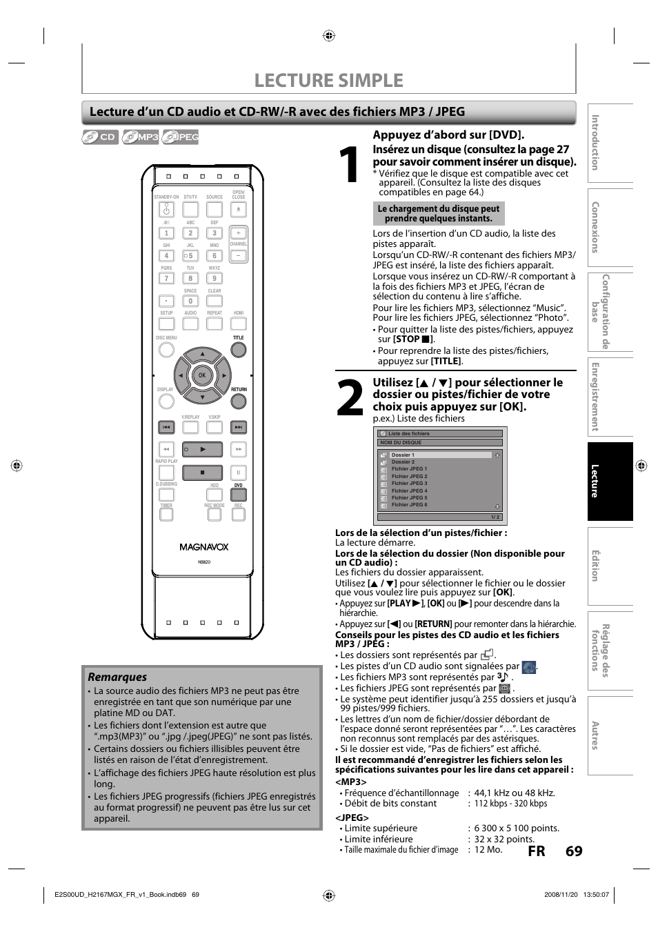 Lecture simple, 69 fr, Remarques | Appuyez d’abord sur [dvd | Philips Magnavox H2160MW9 A User Manual | Page 201 / 256