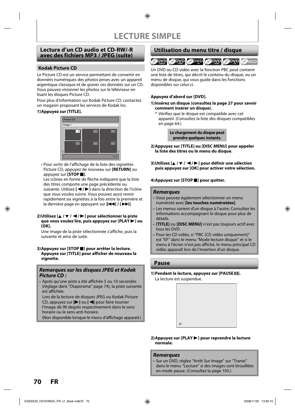 Lecture simple, 70 fr, Utilisation du menu titre / disque | Pause | Philips Magnavox H2160MW9 A User Manual | Page 202 / 256