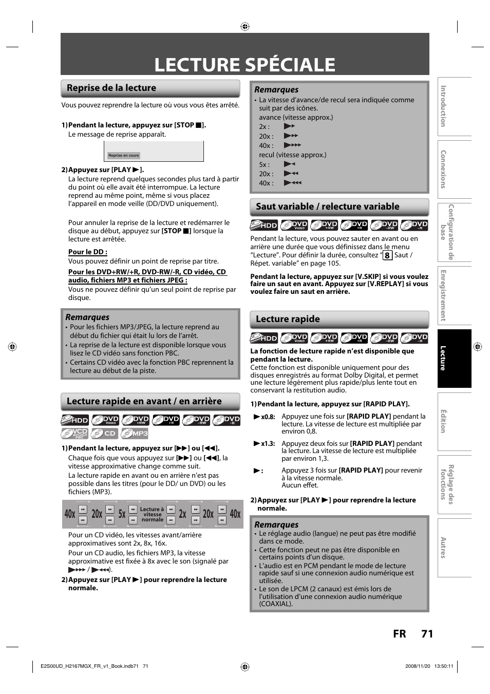 Lecture spéciale, 71 fr, Reprise de la lecture | Lecture rapide en avant / en arrière, Lecture rapide, Saut variable / relecture variable | Philips Magnavox H2160MW9 A User Manual | Page 203 / 256