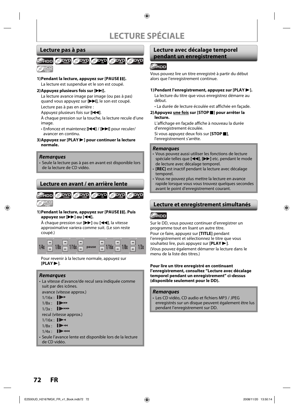 Lecture spéciale, 72 fr, 1/8x | Philips Magnavox H2160MW9 A User Manual | Page 204 / 256