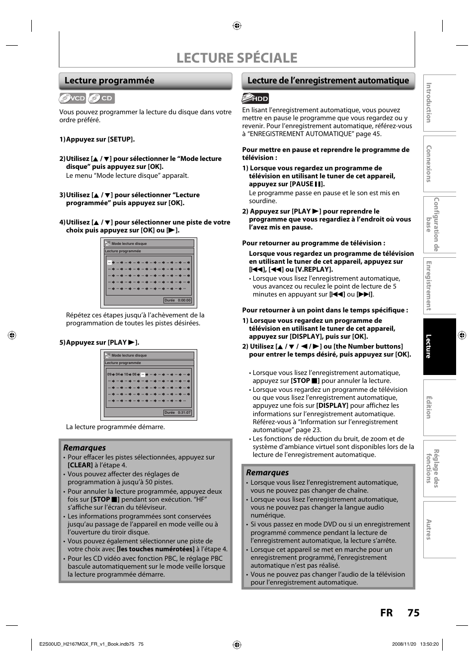 Lecture spéciale, 75 fr, Lecture programmée | Lecture de l’enregistrement automatique, Remarques, La lecture programmée démarre | Philips Magnavox H2160MW9 A User Manual | Page 207 / 256