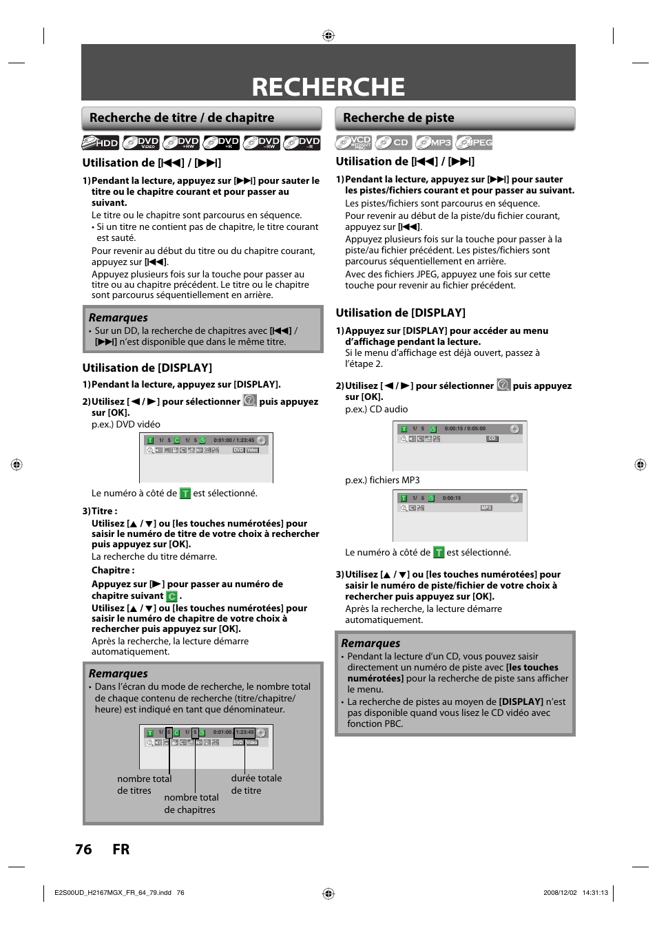 Recherche, 76 fr, Recherche de titre / de chapitre | Recherche de piste | Philips Magnavox H2160MW9 A User Manual | Page 208 / 256