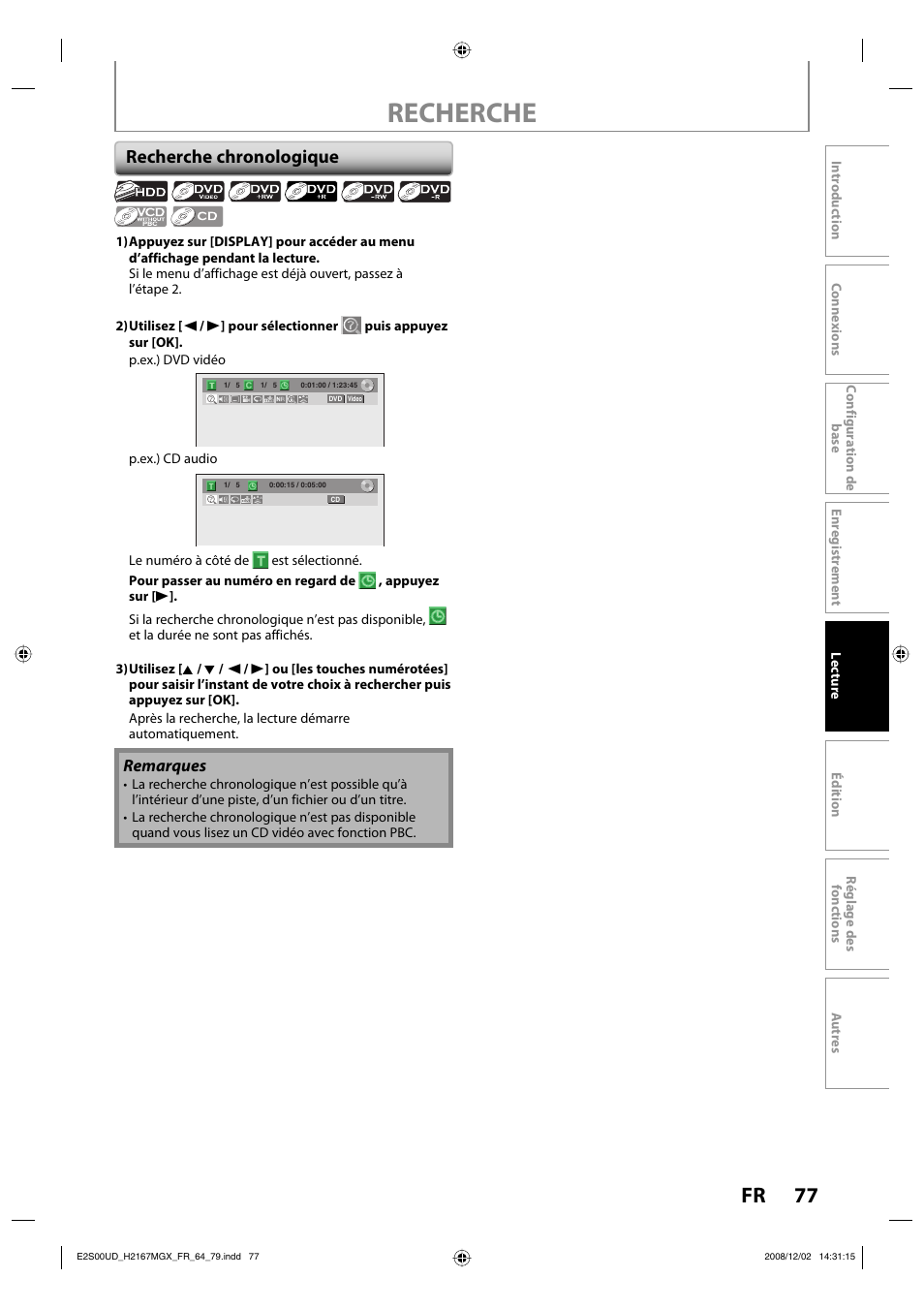 Recherche, 77 fr, Recherche chronologique | Philips Magnavox H2160MW9 A User Manual | Page 209 / 256