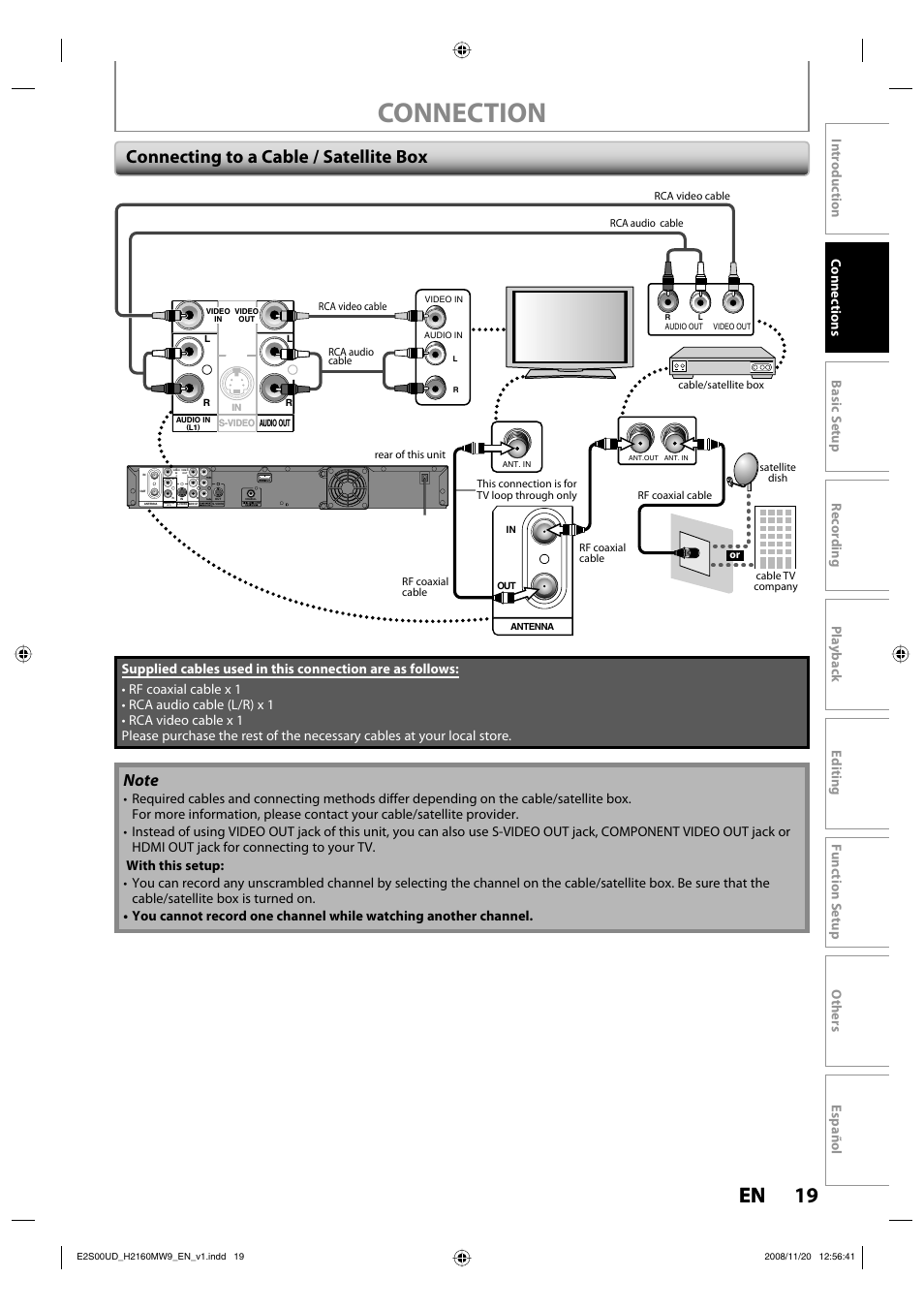 Connection, 19 en 19 en, Connecting to a cable / satellite box | Philips Magnavox H2160MW9 A User Manual | Page 21 / 256