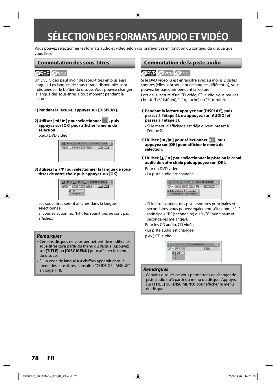 Sélection des formats audio et vidéo, 78 fr, Commutation des sous-titres | Commutation de la piste audio, Remarques | Philips Magnavox H2160MW9 A User Manual | Page 210 / 256