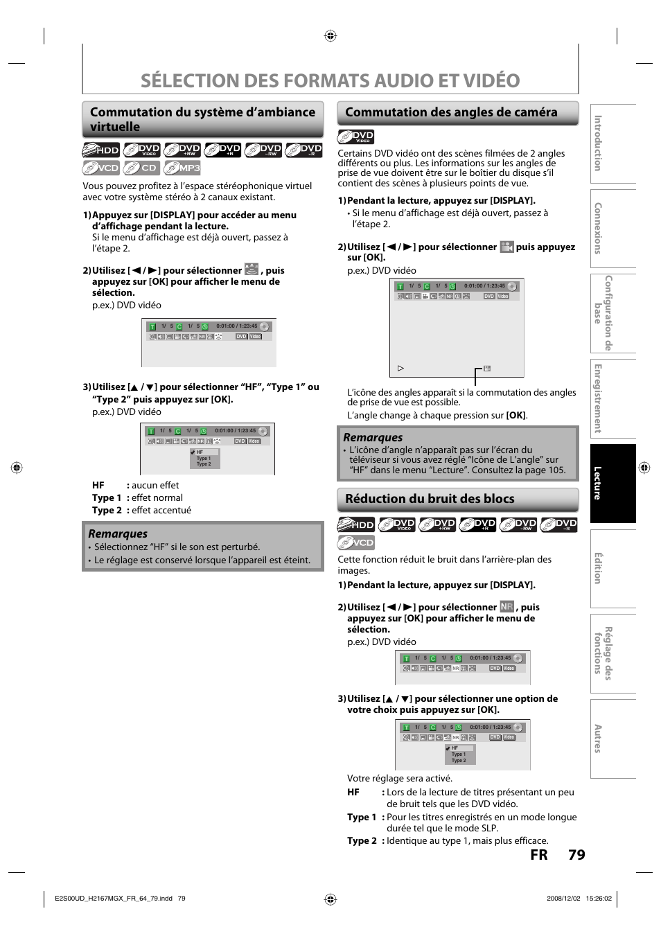 Sélection des formats audio et vidéo, 79 fr, Commutation du système d’ambiance virtuelle | Remarques | Philips Magnavox H2160MW9 A User Manual | Page 211 / 256