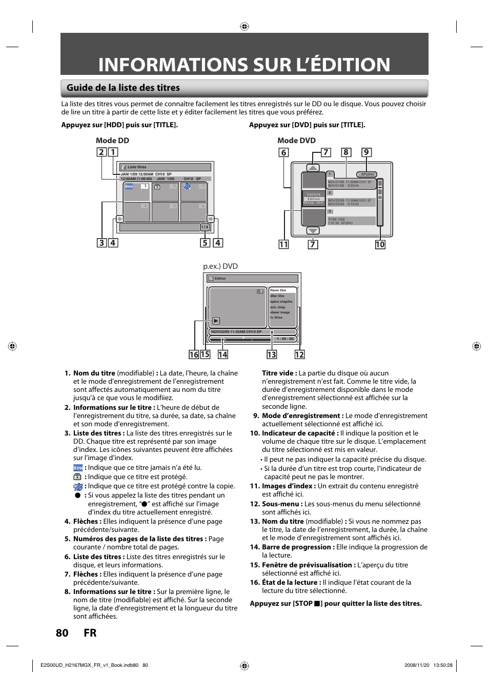 Informations sur l’édition, 80 fr, Guide de la liste des titres | Philips Magnavox H2160MW9 A User Manual | Page 212 / 256