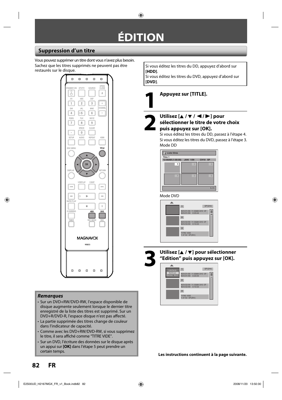 Édition, 82 fr, Suppression d’un titre | Appuyez sur [title, Remarques | Philips Magnavox H2160MW9 A User Manual | Page 214 / 256
