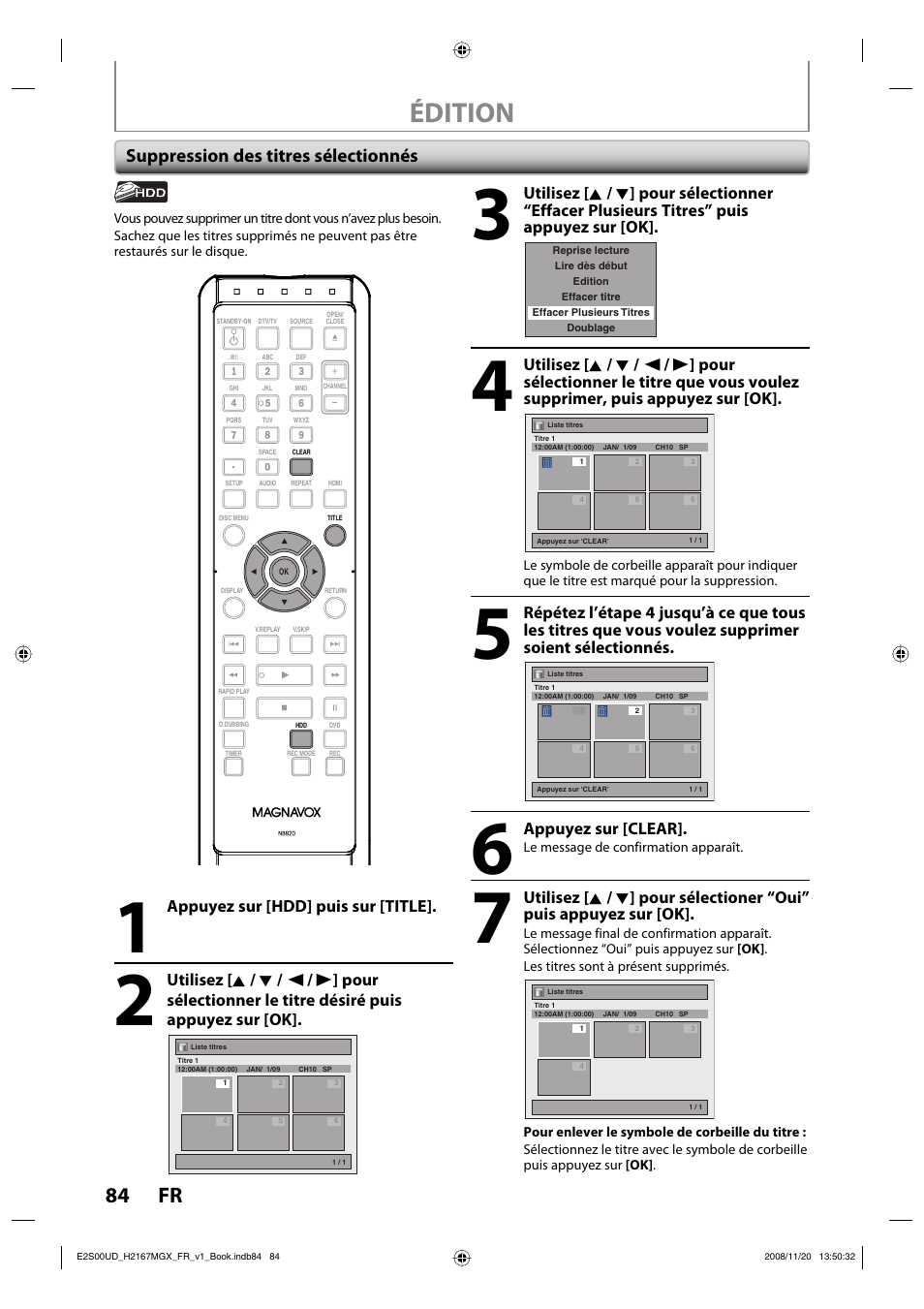 Édition, 84 fr, Suppression des titres sélectionnés | Appuyez sur [clear, Appuyez sur [hdd] puis sur [title | Philips Magnavox H2160MW9 A User Manual | Page 216 / 256