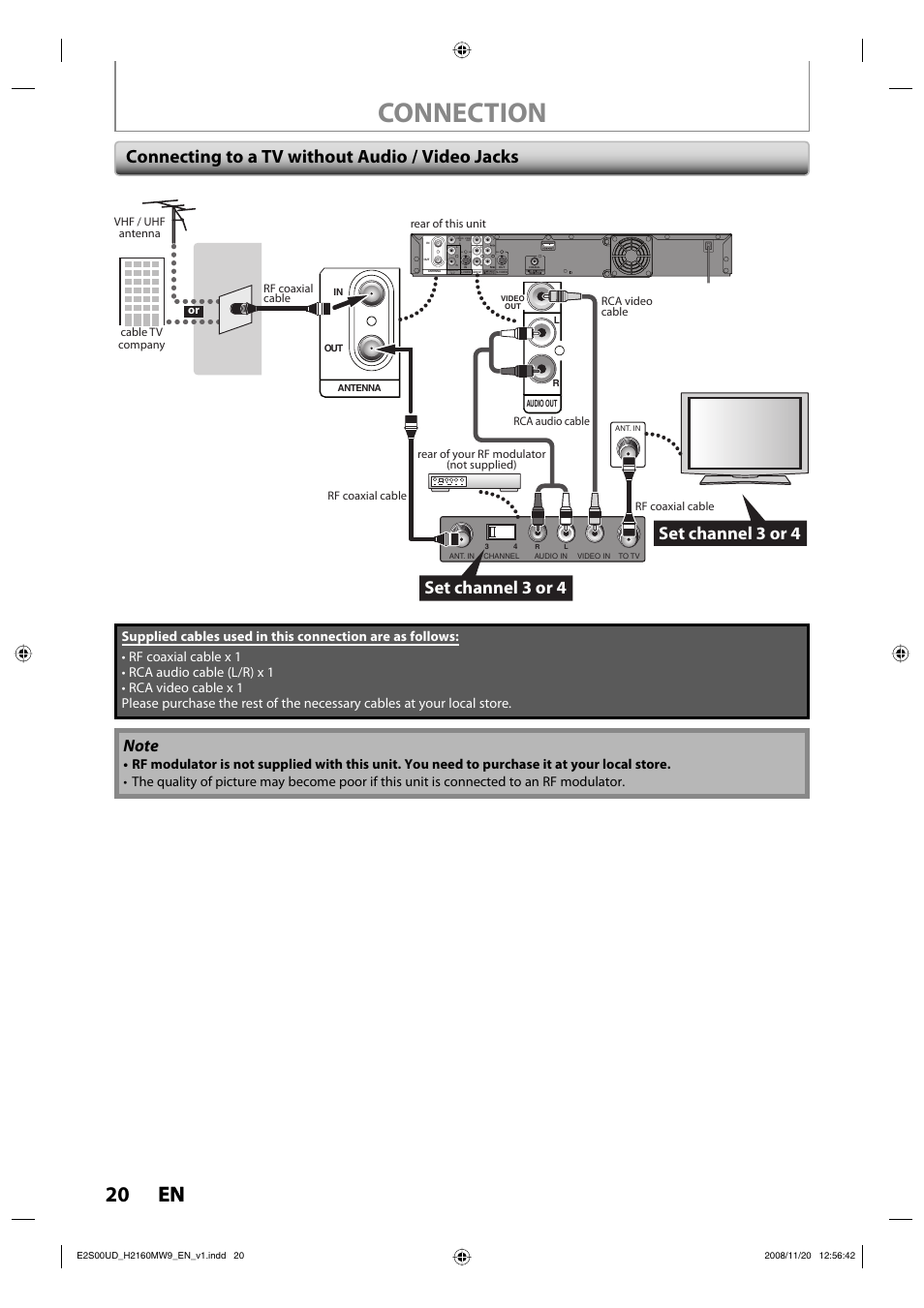 Connection, 20 en 20 en, Connecting to a tv without audio / video jacks | Set channel 3 or 4 | Philips Magnavox H2160MW9 A User Manual | Page 22 / 256