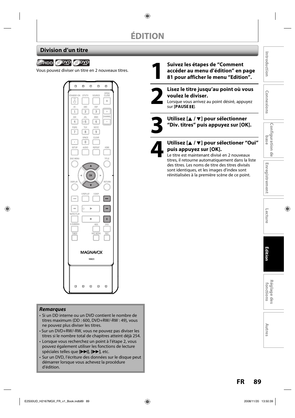 Édition, 89 fr, Division d’un titre | Philips Magnavox H2160MW9 A User Manual | Page 221 / 256