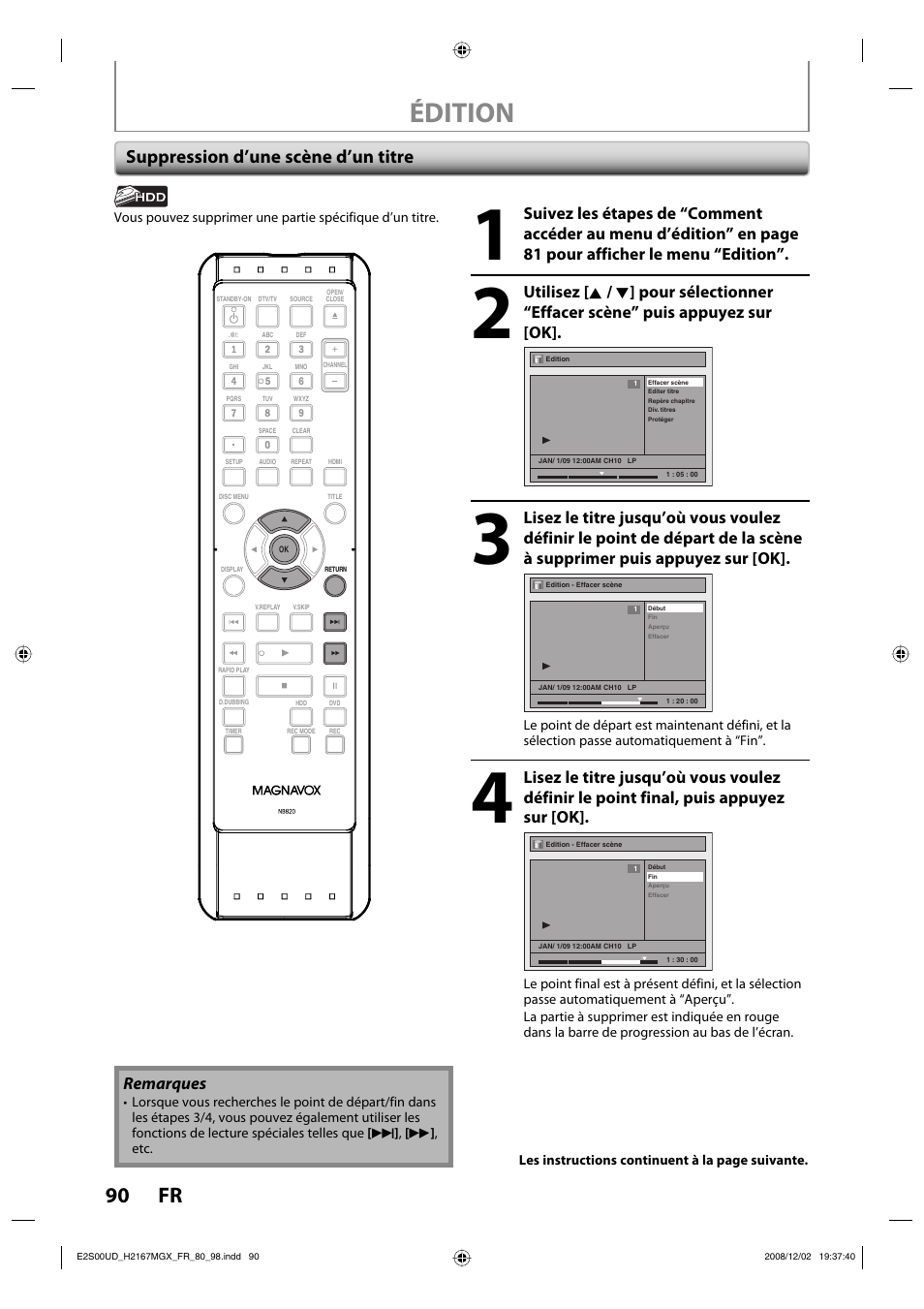 Édition, 90 fr, Suppression d’une scène d’un titre | Remarques | Philips Magnavox H2160MW9 A User Manual | Page 222 / 256