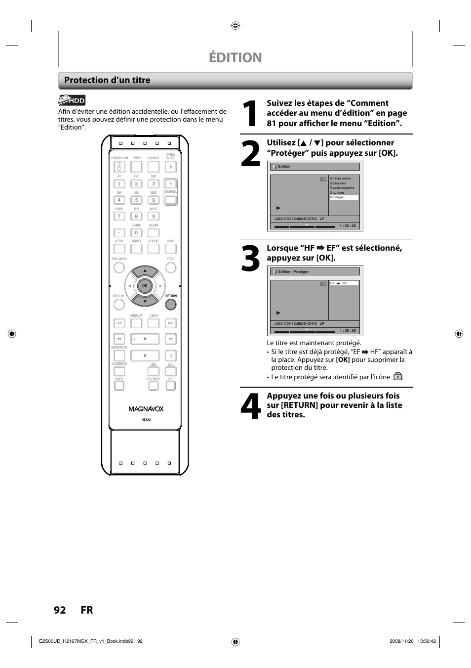 Édition, 92 fr, Protection d’un titre | Lorsque “hf ef” est sélectionné, appuyez sur [ok | Philips Magnavox H2160MW9 A User Manual | Page 224 / 256