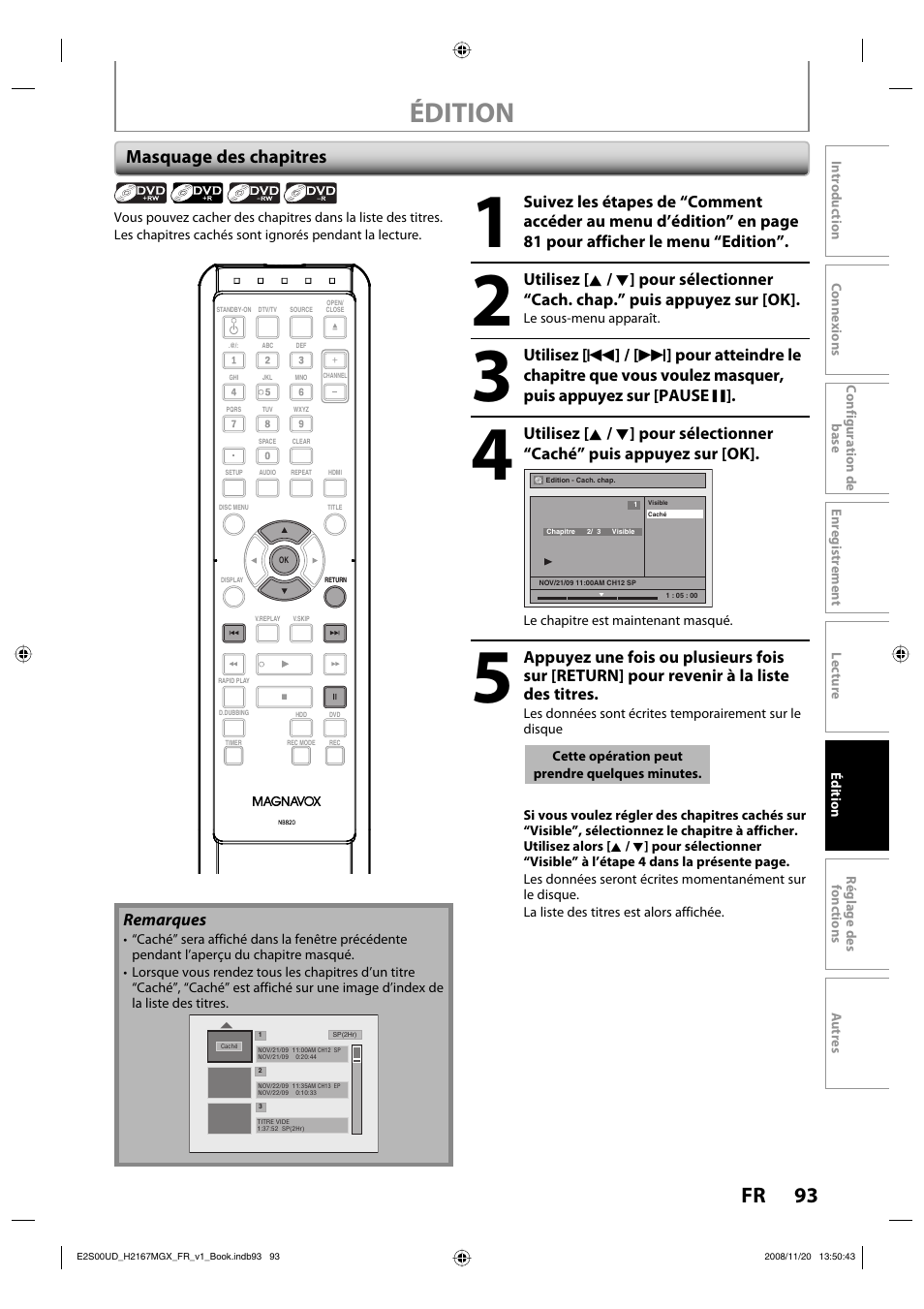 Édition, 93 fr, Masquage des chapitres | Philips Magnavox H2160MW9 A User Manual | Page 225 / 256