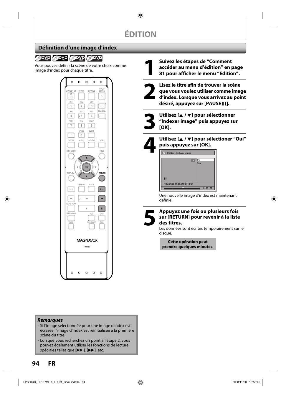 Édition, 94 fr, Définition d’une image d’index | Philips Magnavox H2160MW9 A User Manual | Page 226 / 256