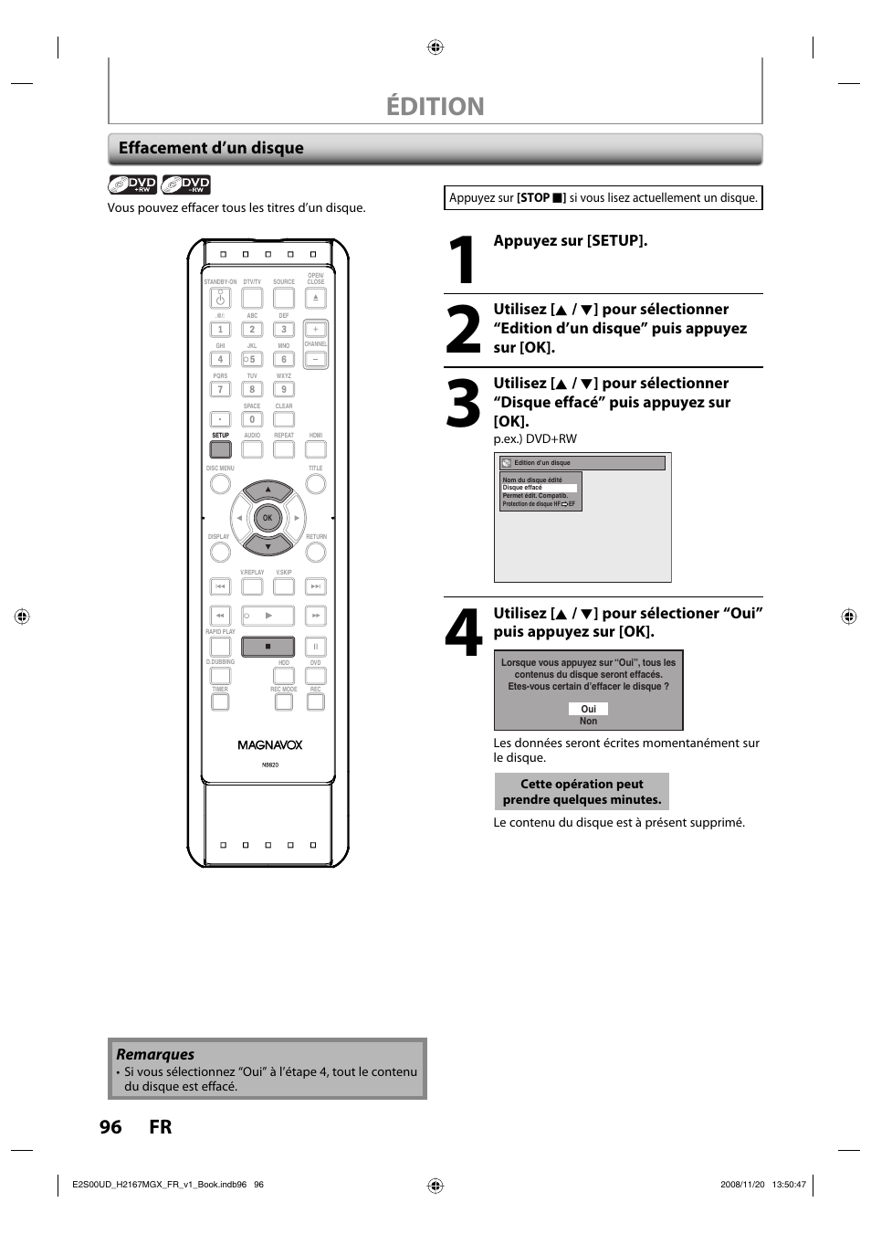 Édition, 96 fr, Effacement d’un disque | Philips Magnavox H2160MW9 A User Manual | Page 228 / 256