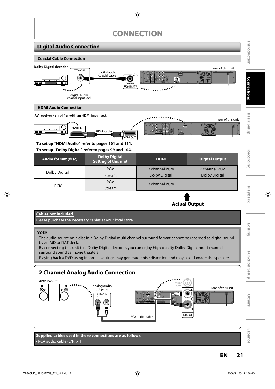 Connection, 21 en 21 en, 2 channel analog audio connection | Digital audio connection, Actual output, Coaxial cable connection | Philips Magnavox H2160MW9 A User Manual | Page 23 / 256