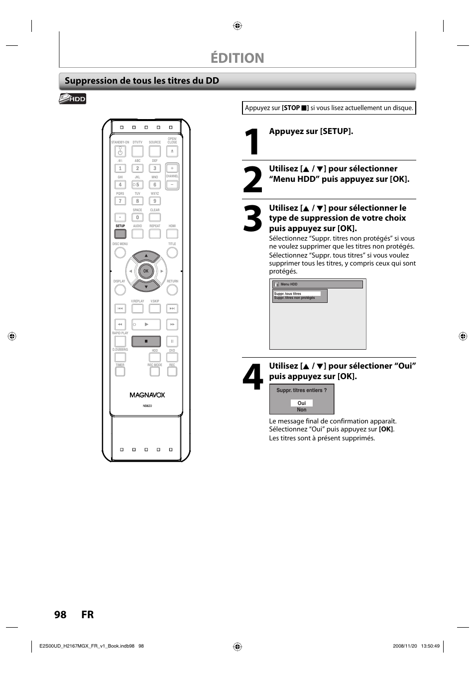 Édition, 98 fr, Suppression de tous les titres du dd | Philips Magnavox H2160MW9 A User Manual | Page 230 / 256