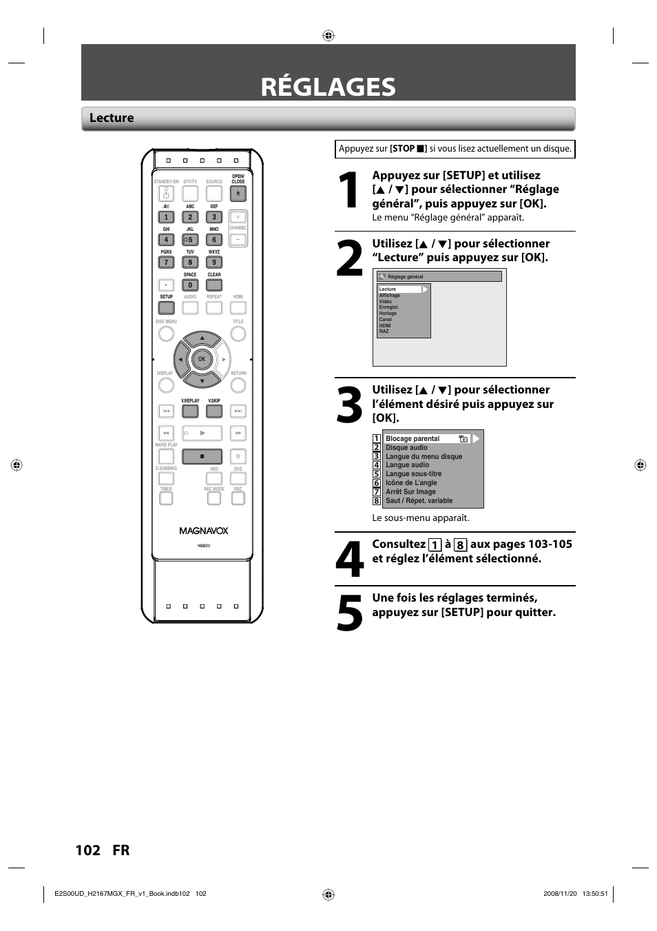 Réglages, Lecture | Philips Magnavox H2160MW9 A User Manual | Page 234 / 256