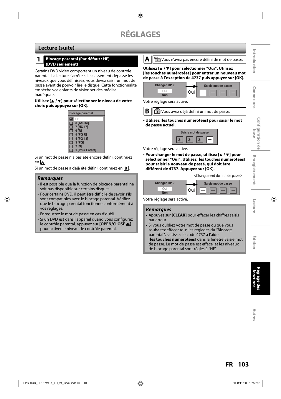 Réglages, 103 fr, Lecture (suite) | Philips Magnavox H2160MW9 A User Manual | Page 235 / 256