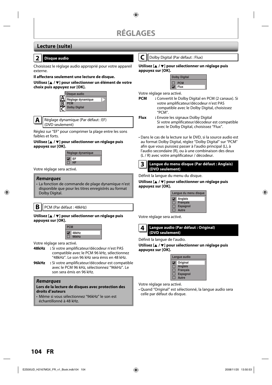 Réglages, Ac b, Lecture (suite) | Philips Magnavox H2160MW9 A User Manual | Page 236 / 256