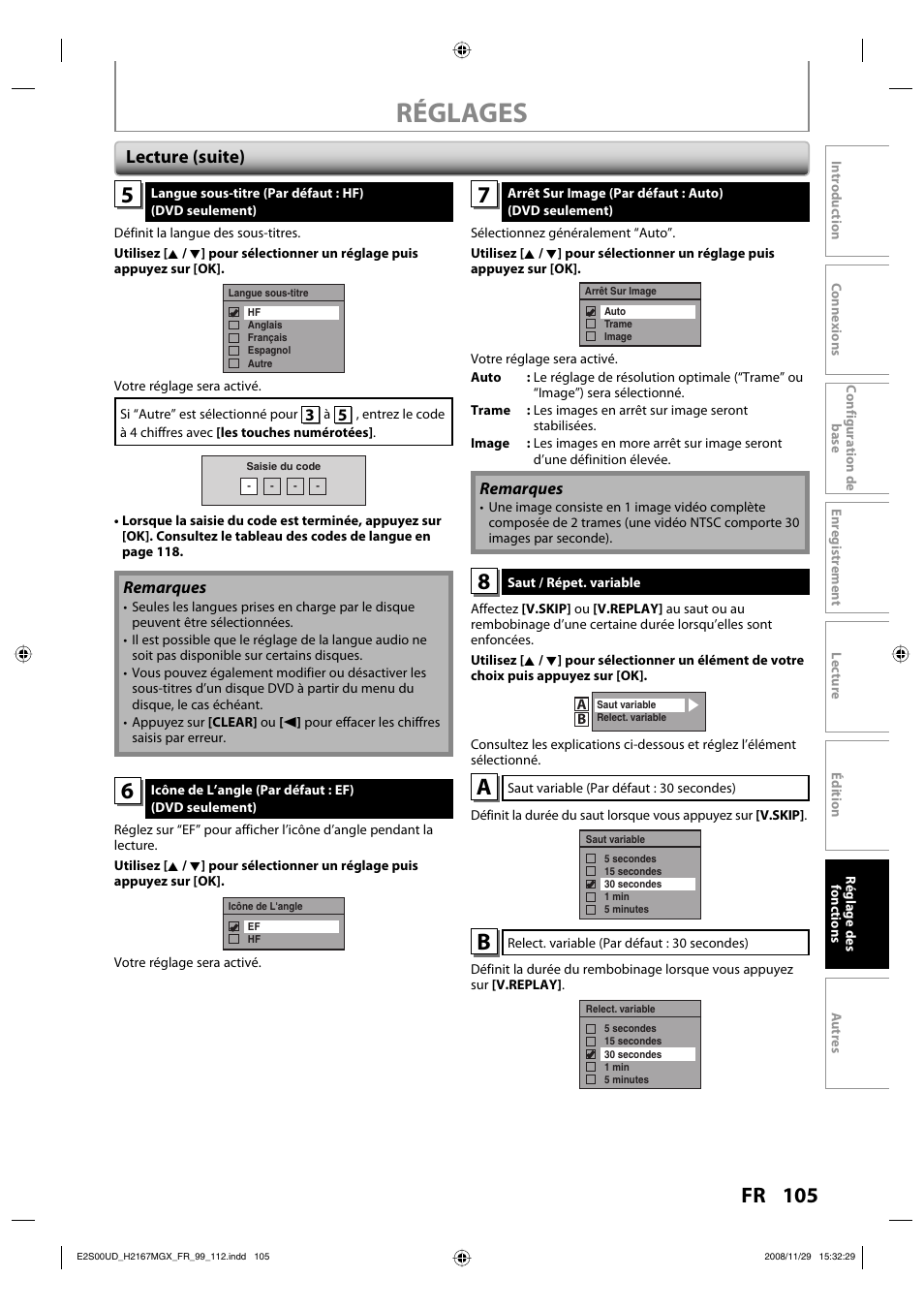 Réglages, 105 fr, Lecture (suite) | Philips Magnavox H2160MW9 A User Manual | Page 237 / 256