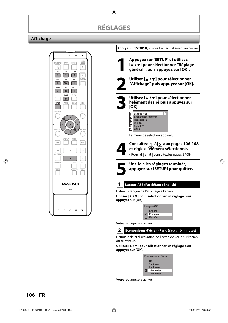 Réglages, Affichage | Philips Magnavox H2160MW9 A User Manual | Page 238 / 256