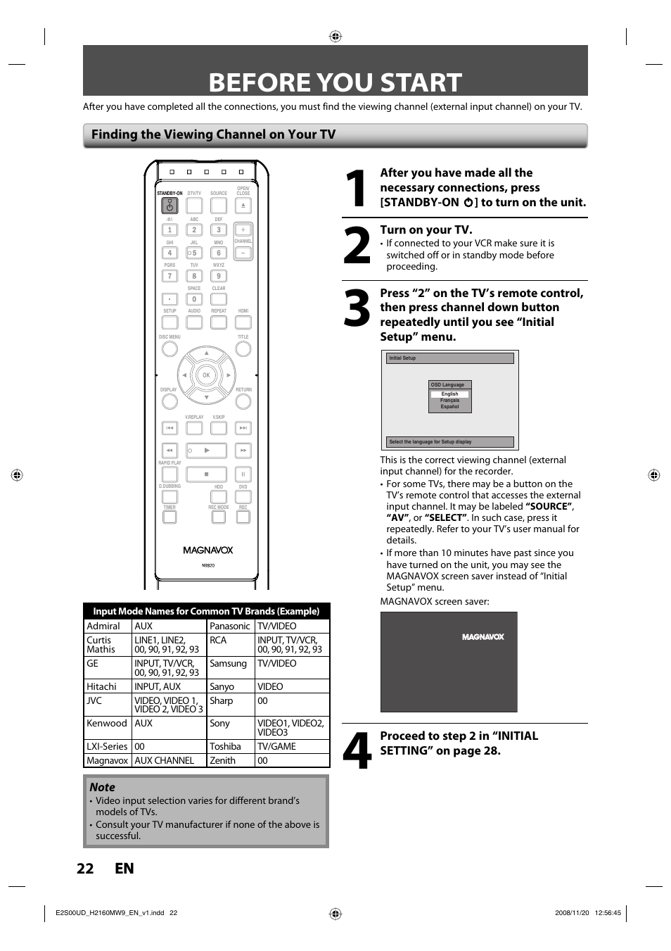 Before you start, 22 en 22 en, Finding the viewing channel on your tv | Philips Magnavox H2160MW9 A User Manual | Page 24 / 256