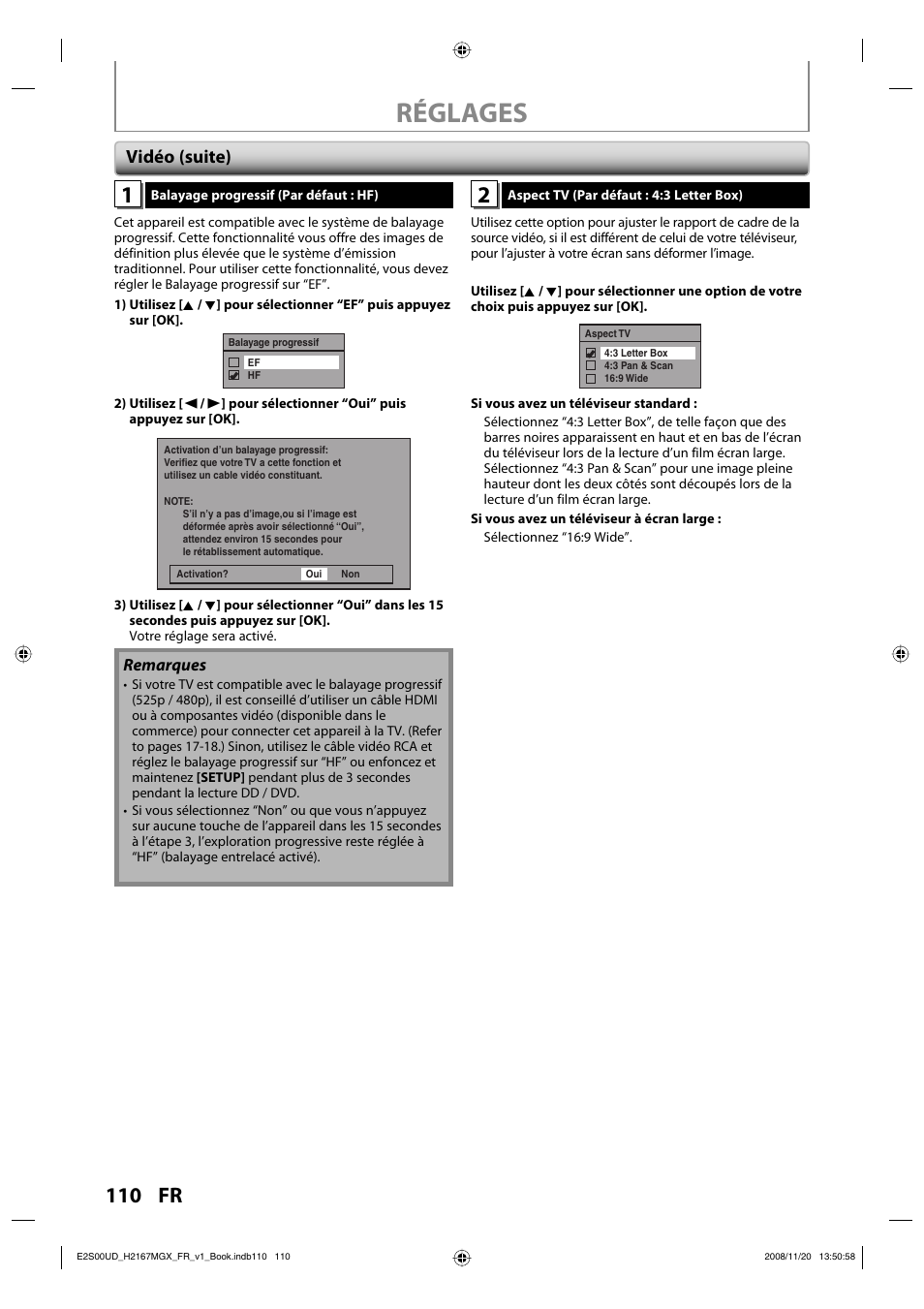 Réglages, Vidéo (suite) | Philips Magnavox H2160MW9 A User Manual | Page 242 / 256