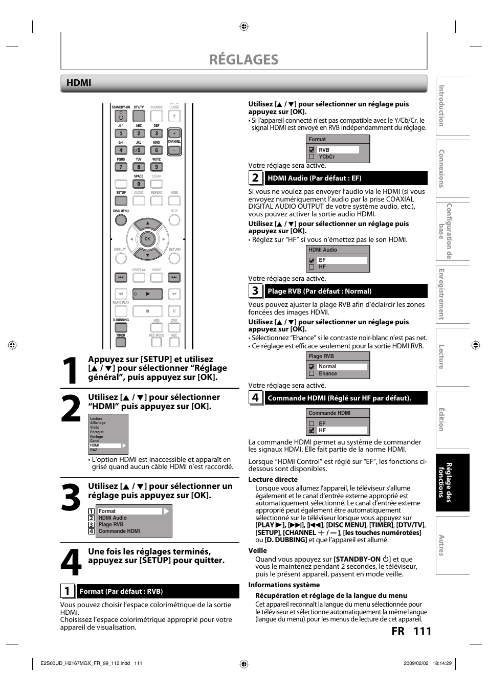 Réglages, 111 fr, Hdmi | Philips Magnavox H2160MW9 A User Manual | Page 243 / 256