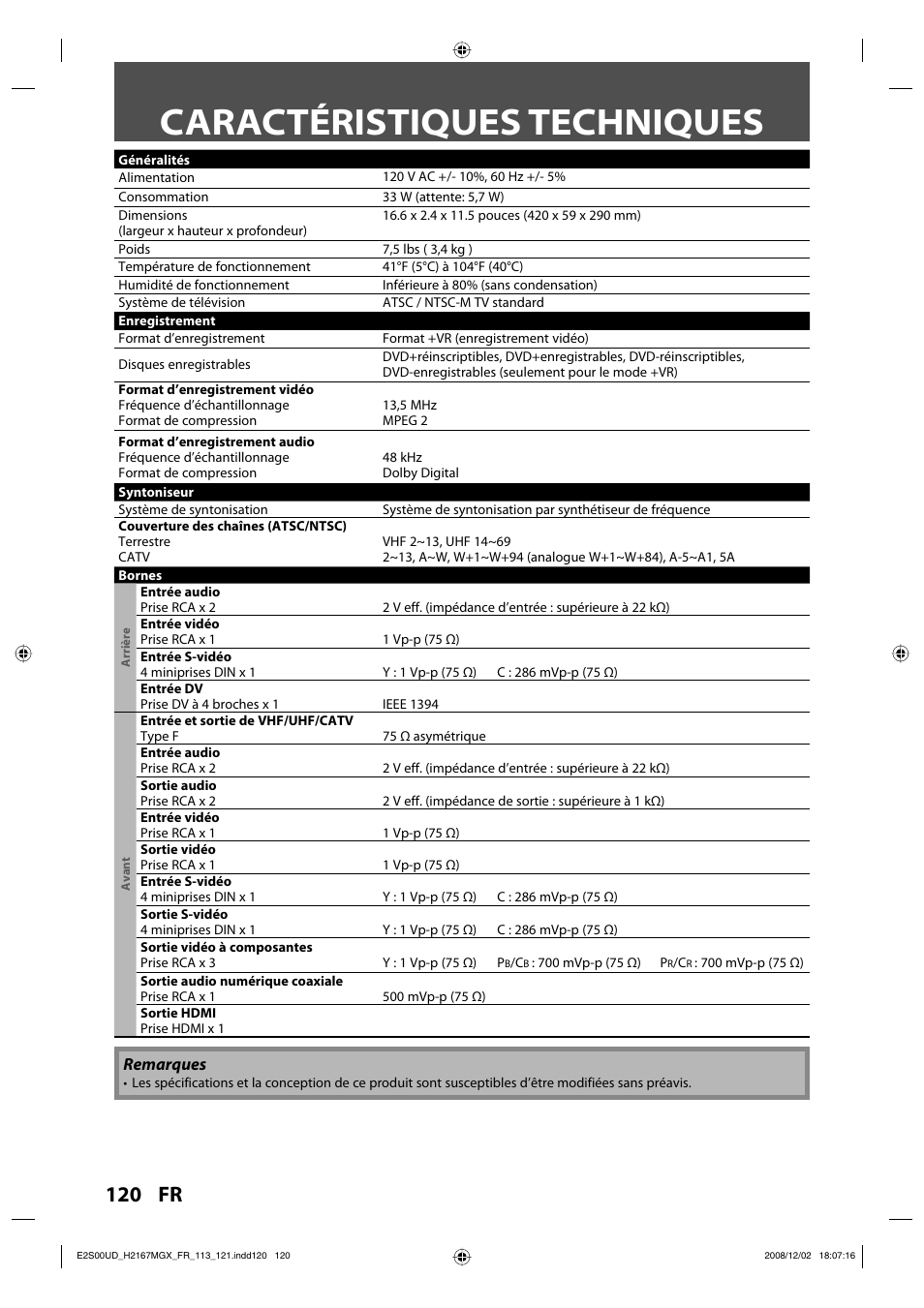 Caractéristiques techniques | Philips Magnavox H2160MW9 A User Manual | Page 252 / 256