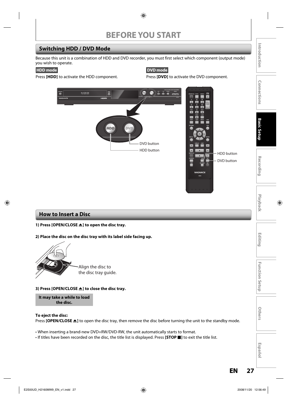 Before you start, 27 en 27 en, Switching hdd / dvd mode | How to insert a disc, Align the disc to the disc tray guide | Philips Magnavox H2160MW9 A User Manual | Page 29 / 256