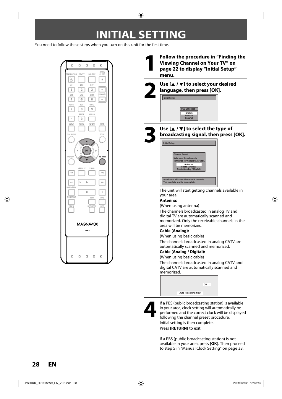 Initial setting, 28 en 28 en | Philips Magnavox H2160MW9 A User Manual | Page 30 / 256