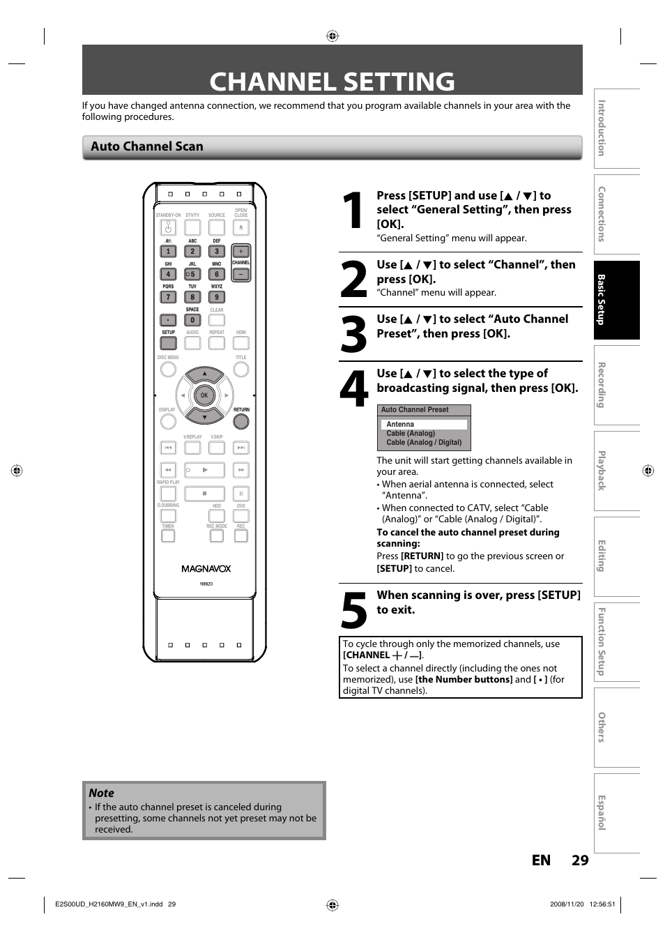 Channel setting, 29 en 29 en, Auto channel scan | Philips Magnavox H2160MW9 A User Manual | Page 31 / 256