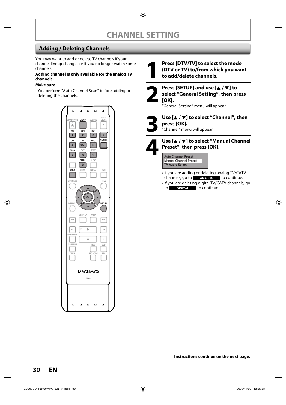 Channel setting, 30 en 30 en, Adding / deleting channels | Use [ k / l ] to select “channel”, then press [ok | Philips Magnavox H2160MW9 A User Manual | Page 32 / 256